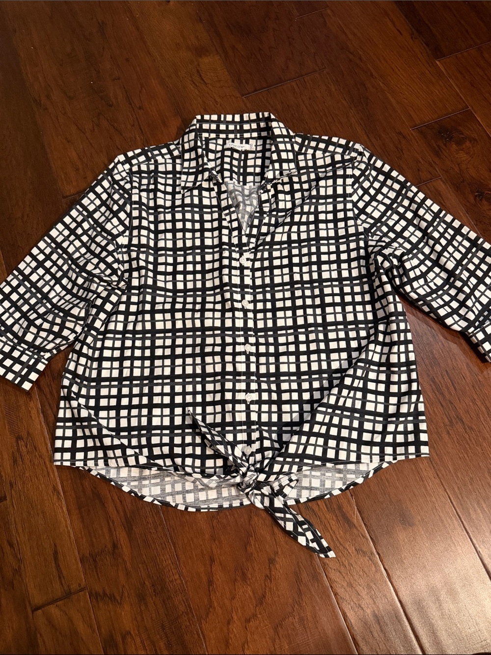 Chico's Black & White Grid Tie-Front Button Blouse